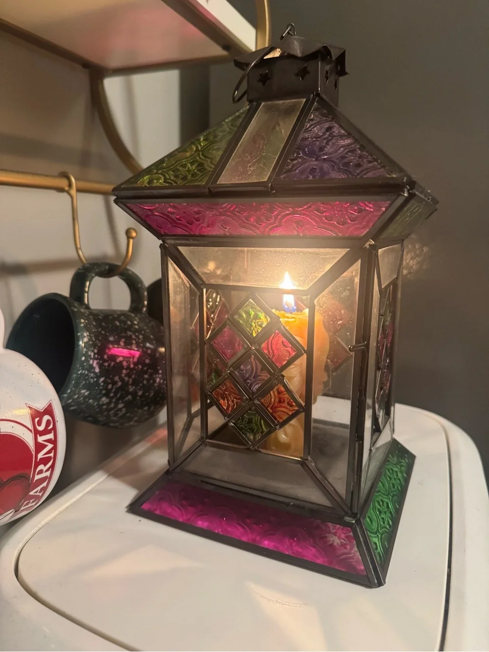 VTG Stained Glass Style Candle Lantern Multicolored Glass Metal Made In India